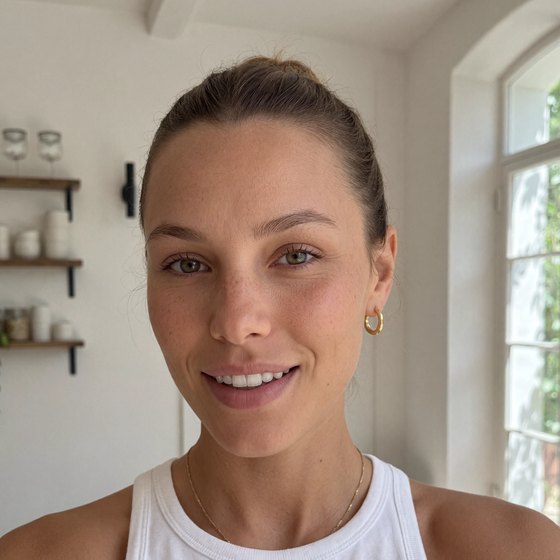 Claire, smiling, in a bright white kitchen